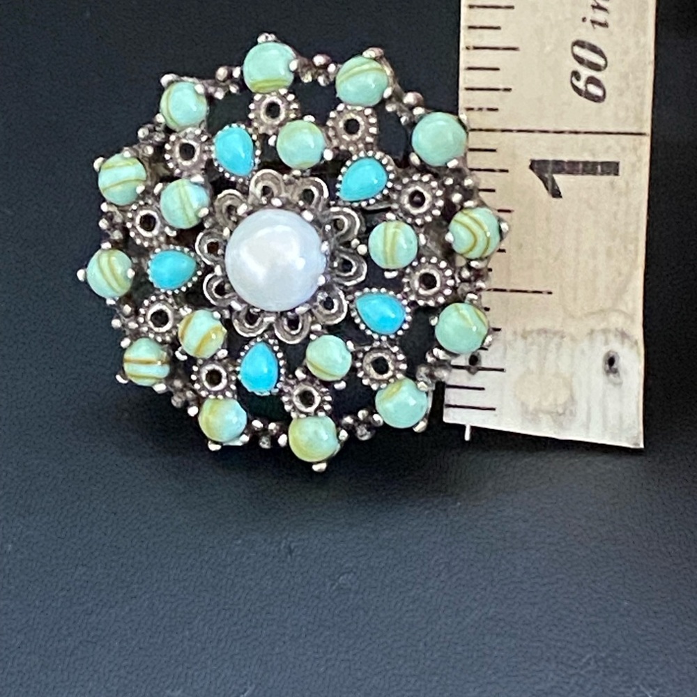 Lucky Brand Turquoise, green stone and faux pearl ring Size 8 - Picture 6 of 6